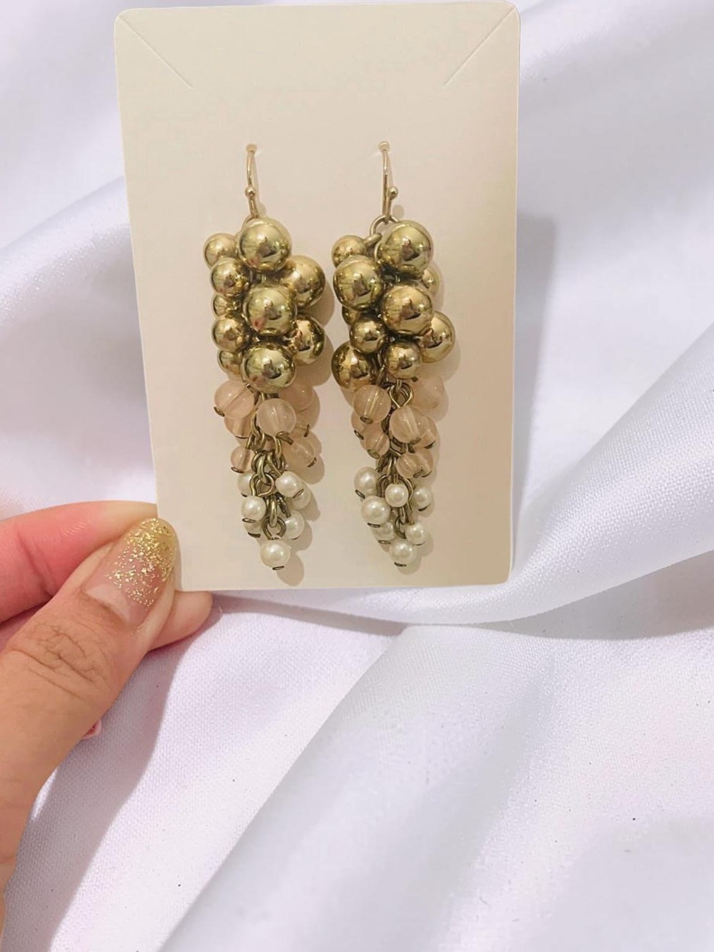 Gold Tone Cluster Bead Dangle Earrings With Pink & Pearl Accents